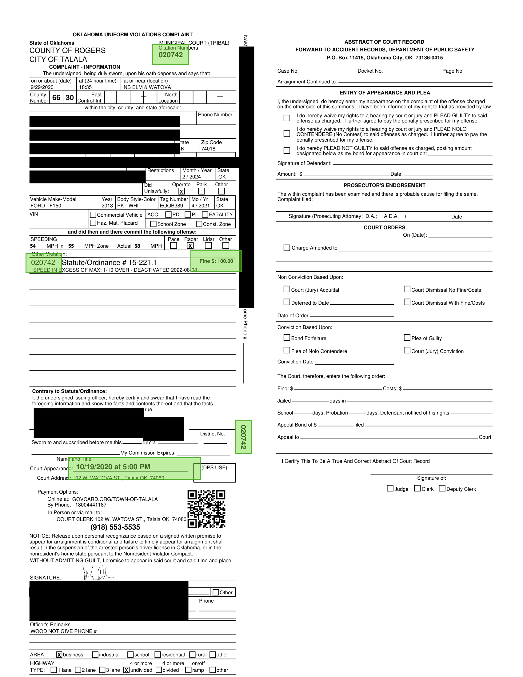 Sample Town of Talala citation with officer signature/badge and personal identifiers redacted. Green highlights mark the citation number under Municipal Court, the fine amount on the violation line, and the court date.