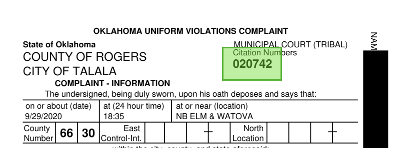 Top of a sample Talala citation; citation number highlighted in green under Municipal Court. Officer signature/badge and personal IDs redacted. Open for the full sample.
