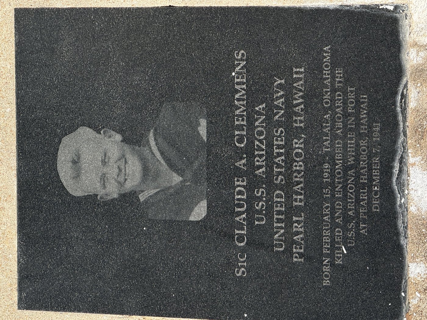 Memorial plaque for S1c Claude A. Clemmens, U.S.S. Arizona