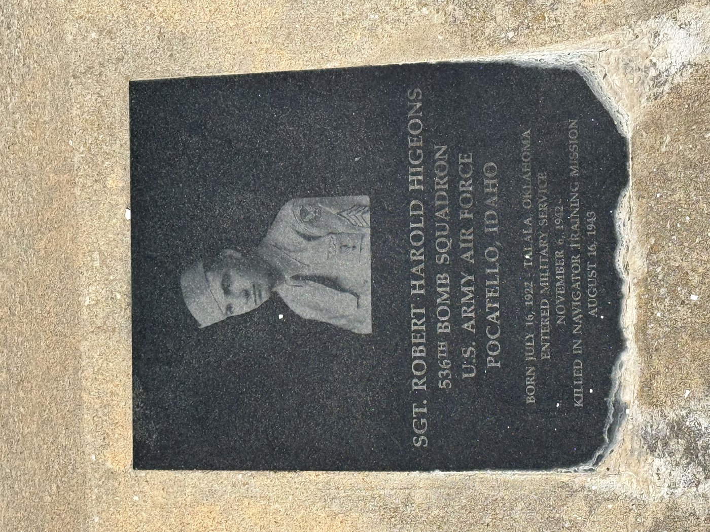 Memorial plaque for Sgt. Robert Harold Higeons