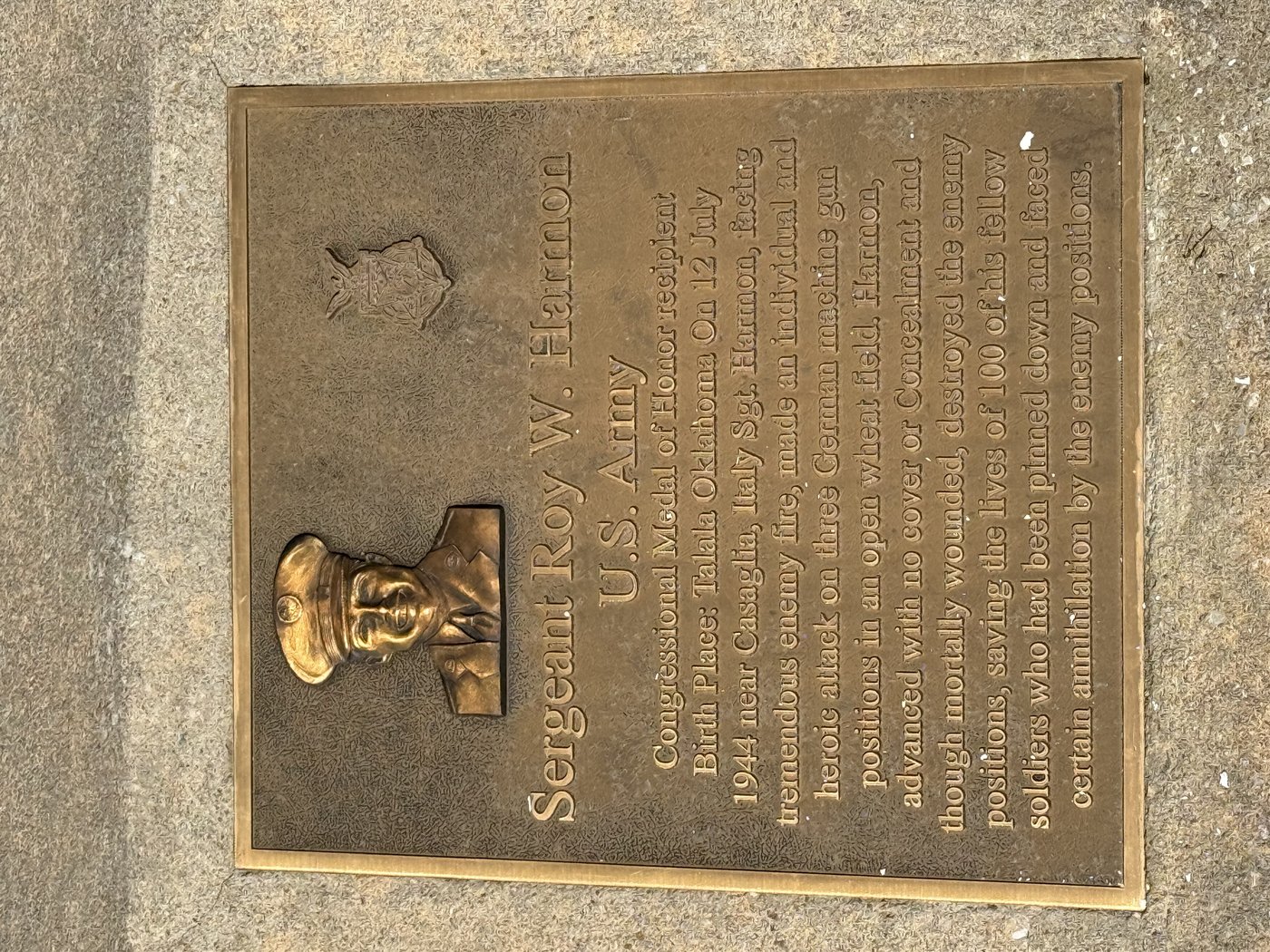 Memorial plaque for Sergeant Roy W. Harmon, U.S. Army